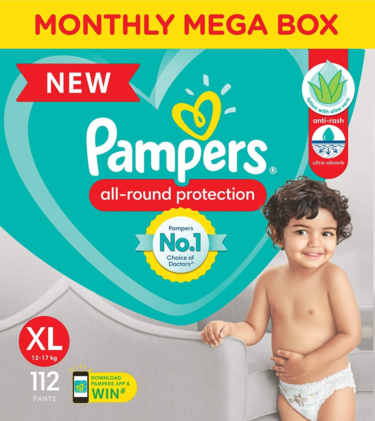 Pampers All round Protection Pants, Extra Large size baby diapers (XL) 112 Count, Lotion with Aloe Vera