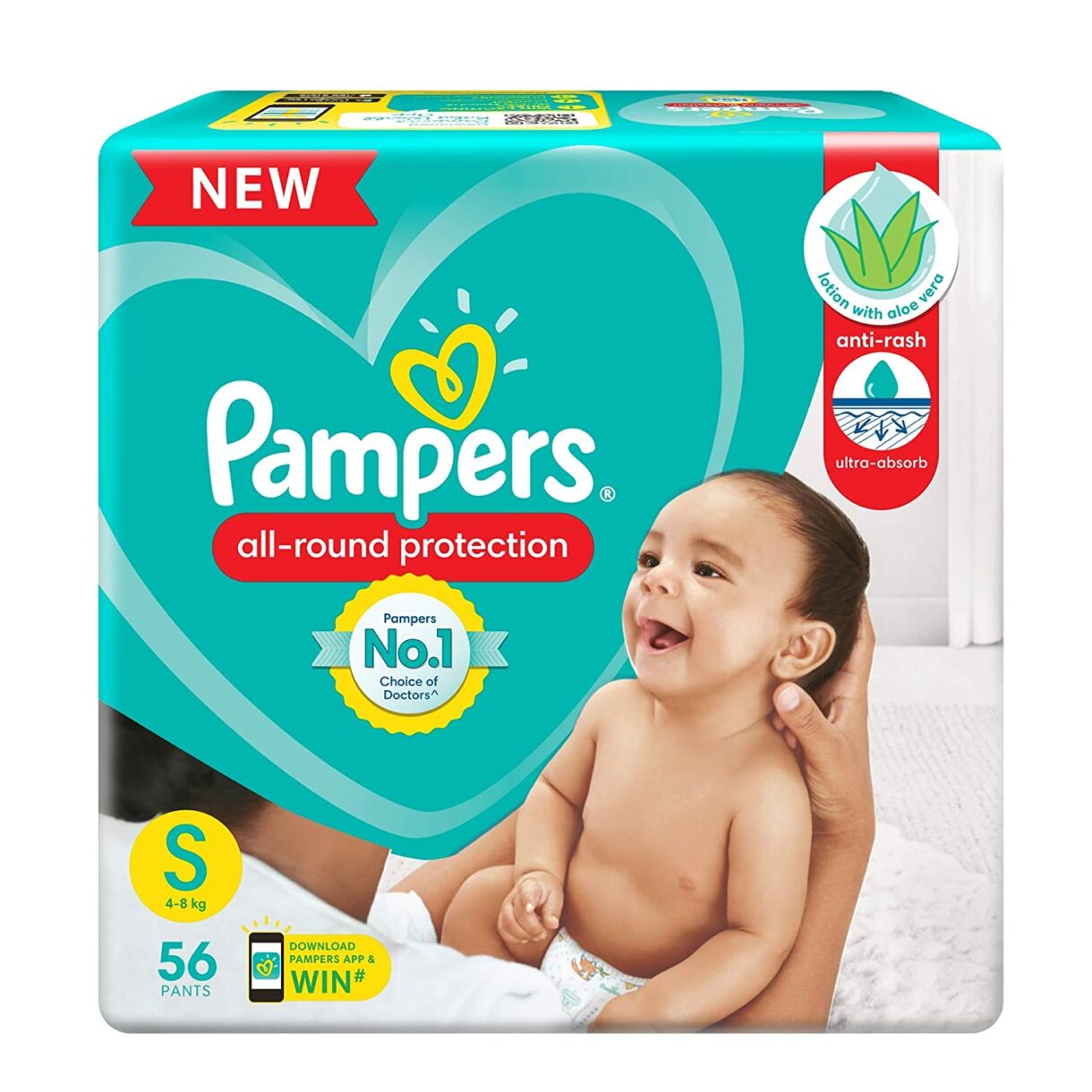 Pampers All round Protection Pants, Small size baby diapers (SM) 56 Count, Lotion with Aloe Vera