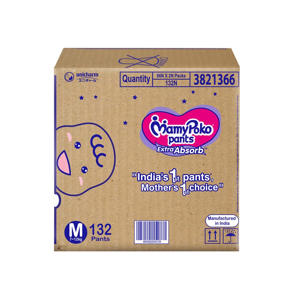 MamyPoko Pants Extra Absorb Diaper - Medium Size, Pack of 132 Diapers (M-132)