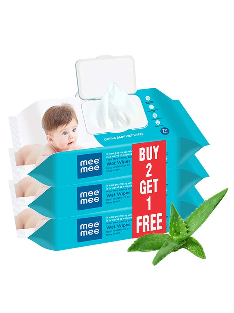 Mee Mee Caring Baby Wet Wipes with lid, 72 Pcs (Aloe Vera, Pack of 3)