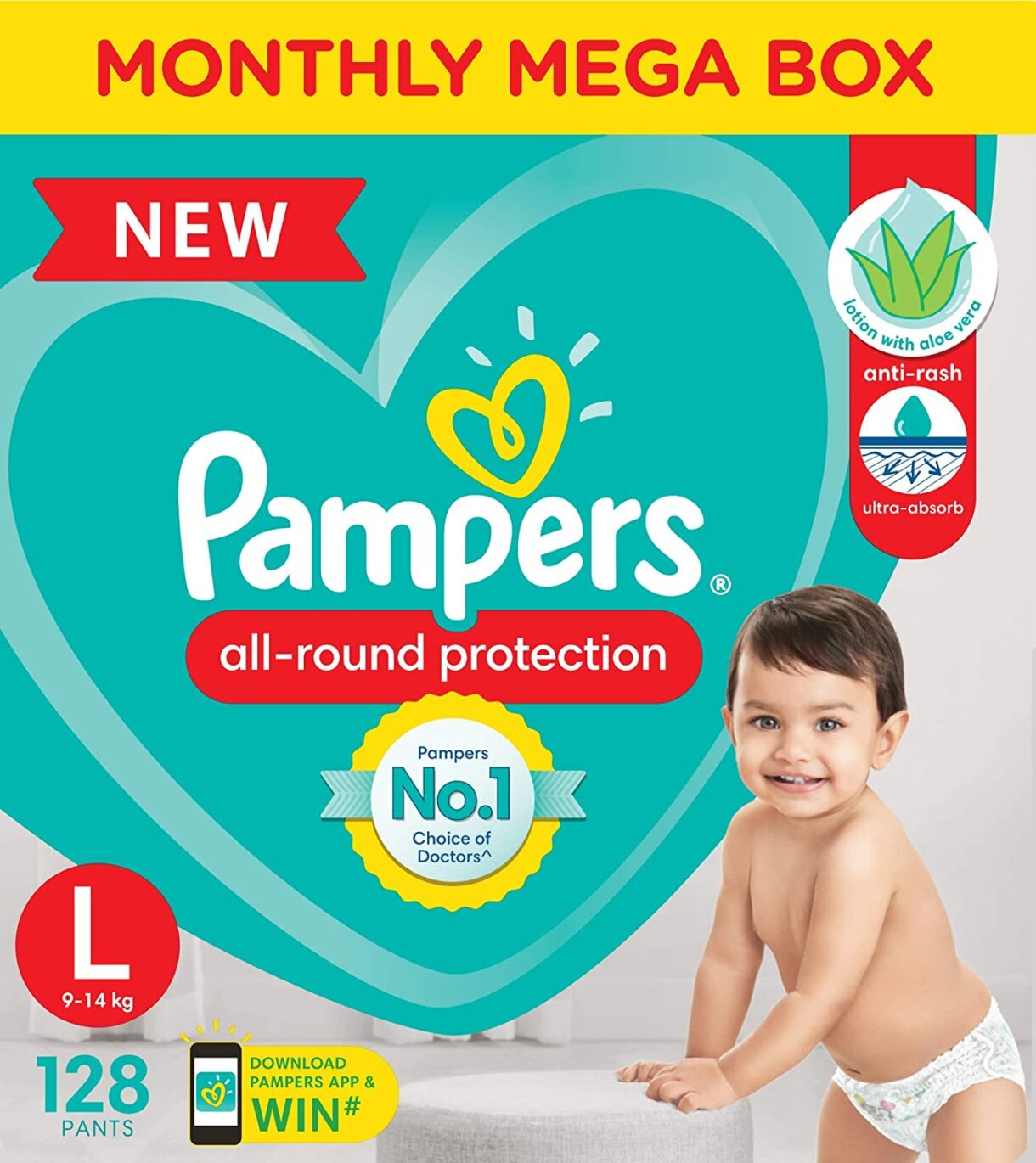 Pampers All round Protection Pants, Large size baby diapers (LG) 128 Count