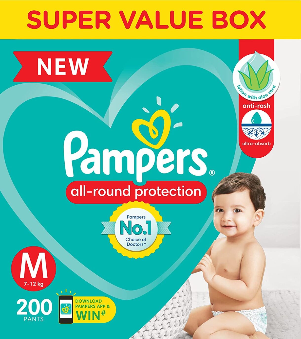 Pampers All round Protection Pants, Medium size baby diapers (MD) 200 Count, Lotion with Aloe Vera 200