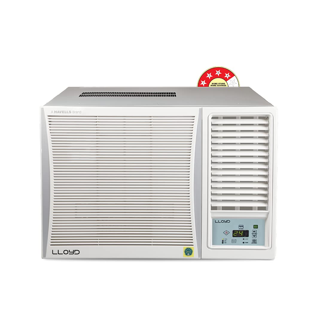 Lloyd Window AC with Non-Inverter Compressor: Economical & Easy to Install, Low Noise, Smart & Elegant design to suit your office & home requirements / interiors Capacity: 1.5 ton suitable for medium size rooms (Up to 150 square feet) Energy Rating: 4 Star, Annual Energy Consumption: 1180.51, ISEER Value: 3.18 (please refer to energy label on the product page) Warranty: 1 Year on the product and 5 Years on the Compressor (please refer to company website for further details) Blue Fins Coils: Ensures better cooling performance, require low maintenance and enhances durability of the product 100% Inner Grooved Copper Tubes: Helps in better heat exchange and enhances cooling. It also enhances durability of the product Special features: Clean Air Filter, LED Display, Self-Diagnosis Function, Auto Restart (On restoration of power), Strong Dehumidification, Remote Controlled Operation, Easy Installation and Usage. Refrigerant: R32 Refrigerant has been used which is environment friendly and has “No Ozone Depletion Potential” and “Low Global Warming Potential” Dimension (L x B x H) in cm: 66.0 x 66.0 x 43.0 having 51.0 kg net weight Included in the Box: AC Unit, Remote & Batteries, User Manual